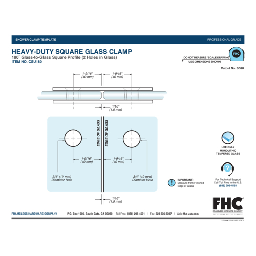 FHC | CSU180 Square 180 Degree Glass to Glass Clamp 2 Holes