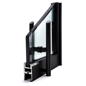 FHC Aspire HD Corner Sample Includes 1" Clear Insulated Temperature Glass with 4" Bottom Rail and Back to Back 'F' Handle - Matte Black
