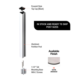 FHC 1-5/16" Square Partition Post with Top Cap and Mounting Base - Satin Anodized