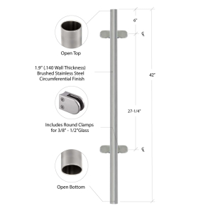 FHC Center Fascia Post - 1.9" Diameter with Clamps - 42" Tall - Brushed Stainless