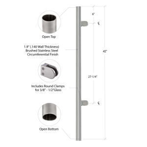 FHC Narrow End Fascia Post - 1.9" Diameter with Clamps - 42" Tall - Brushed Stainless