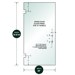 FHC 3/8" Clear Tempered Glass For Glendale/Preston SD Hinge 28" x 75-9/16" - Prep for 8" CTC Handle