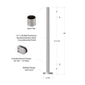 FHC Blank Post - 1.9" Diameter with Cover Cap - 42" Tall - Brushed Stainless