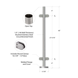 FHC Center Post - 1.9" Diameter with Clamps - 42" Tall - Brushed Stainless