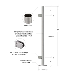 FHC Post End - 1.9" Diameter with Clamps - 42" Tall - Brushed Stainless