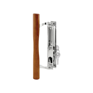 FHC Keyed Sliding Glass Door Handle Set - Wood & Chrome Plated Diecast - Hook Style - Flush Mount - Fits 6-5/8” Hole Spacing (1 Set)
