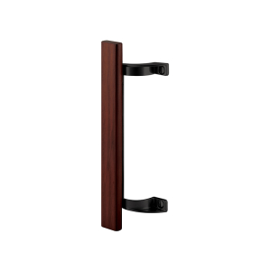 FHC Sliding Glass Door Pull Handle - 6-1/2" To 6-5/8" Hole Centers - Black Diecast Supports - Wood Handle (Single Pack)