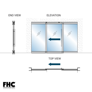 FHC TRS100 Top Rolling Door System - OOX/OXO/XOO Single Slider Bypass With 2 Fixed Panels - 4" Square Top and Bottom Rail