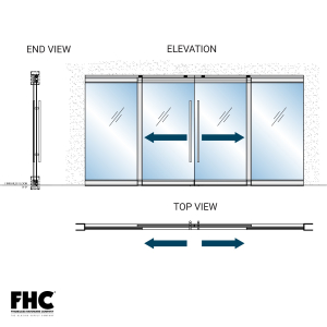FHC TRS100 Top Rolling Door System - OXXO Double Slider Bi-Part With 2 Fixed Panels - 4" Square Top and Bottom Rail