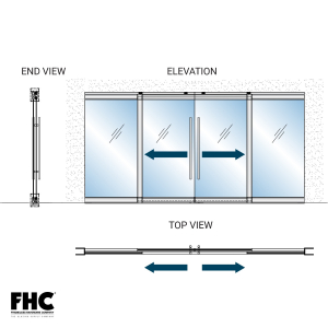 FHC TRS100 Top Rolling Door System - OXXO Double Slider Bi-Part With 2 Fixed Panels - 4" Tapered Top and Bottom Rail
