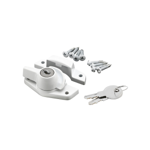 FHC Keyed Sash Lock - For Aluminum - Vinyl Or Wood Double-Hung Windows - 2&rdquo; Hole Centers - Heavy-Duty Zinc Diecast Construction - White (Single Pack)
