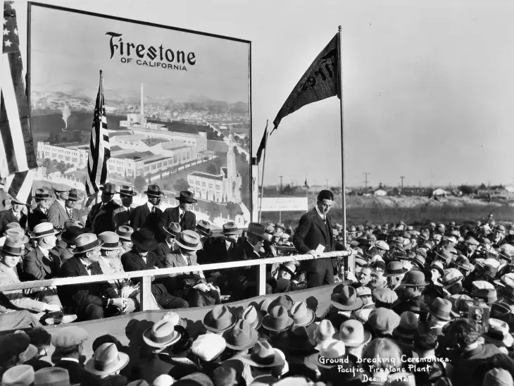 Large crowd gathered at a 1927 groundbreaking ceremony for the Firestone of California plant.