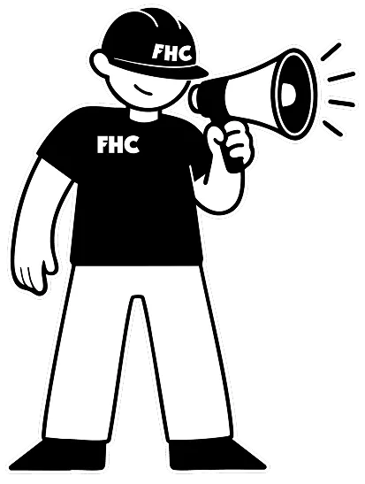 FHC mascot man holding a megaphone facing inward towards