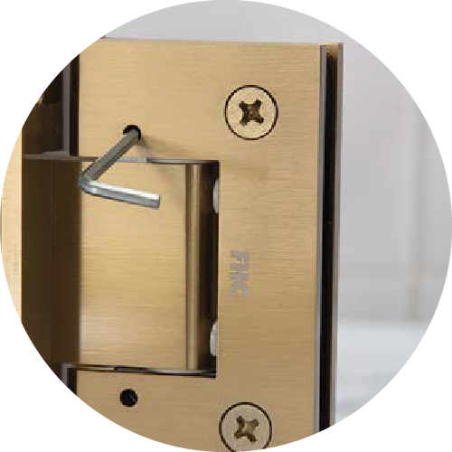 Adjustable door closing position via 3mm Allen wrench through the interior cover plate