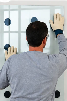 Installer carefully positioning a glass panel against prepared wall